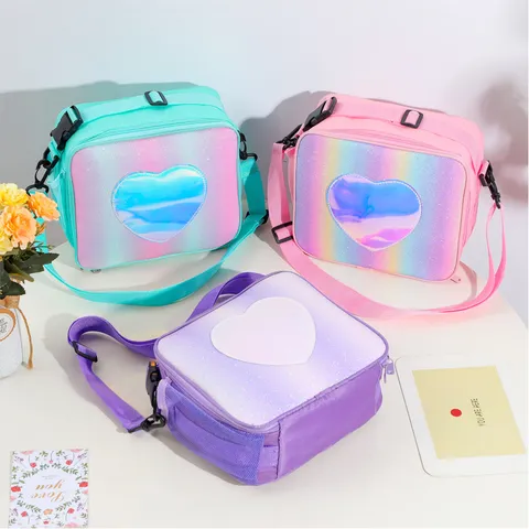 Glitter Laser Heart Insulated Lunch Bag Colorful Portable Bento Box Bag Girly Single Shoulder Bag Outdoor Picnic Backpack QT03