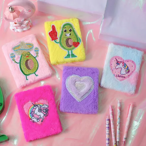 Cartoon Plush Avocado Notebook Sequin Embroidery Journal Student Stationery School Supplies Creative Stationery Gift Notebook