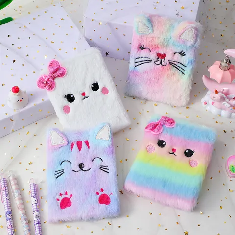 Simpatico Taccuino in Peluche con Cartoni Animati per Ragazze Diario Rigato Ricamato Gatto Unicorno Scuola Regalo
