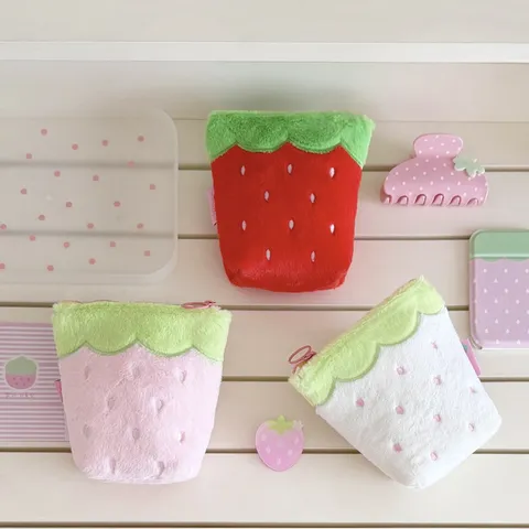Cute Strawberry Plush Pencil Case Standing Stationery Storage Bag Large Capacity Pen Box Kawaii Desk Organizer For Students Girls