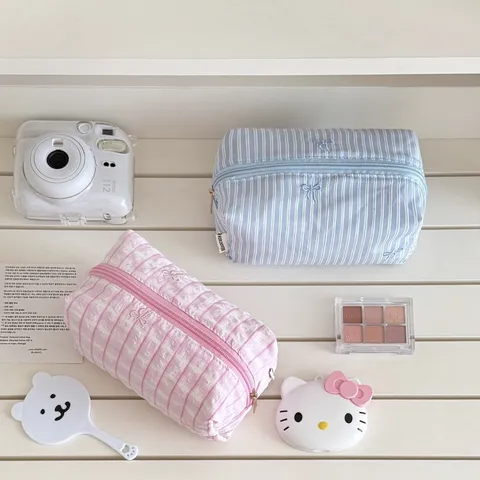 Fresh Plaid Striped Plush Pencil Case With Bow Embroidery Aesthetic Large Capacity Stationery Bag For School Students Office