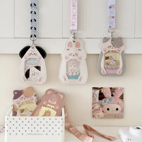 Cute Cartoon PU Leather Card Holder With Lanyard Ins Style Animal Shape Photo Protector Case For Students Everyday Use