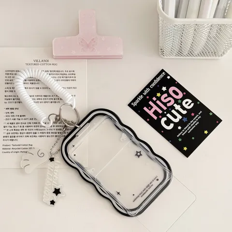Clear Wavy Border Acrylic Card Holder With Spring Lanyard Keychain Protective Sleeve For Photo Card Bus Pass Students