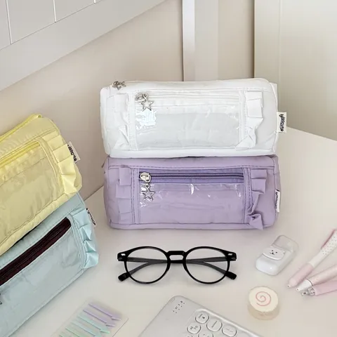 Minimalist Ruffle Pencil Case Large Capacity Stationery Pouch Clear Window Cosmetic Storage Bag For School Students