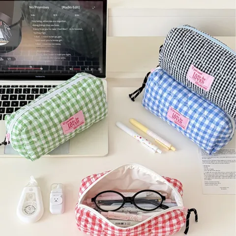 Ins Style Quilted Checkered Pencil Case Large Capacity Stationery Organizer Bag Polyester Zipper Pouch School Office Stationery Supply