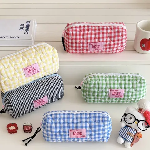 Ins Style Quilted Checkered Pencil Case Large Capacity Stationery Organizer Bag Polyester Zipper Pouch School Office Stationery Supply