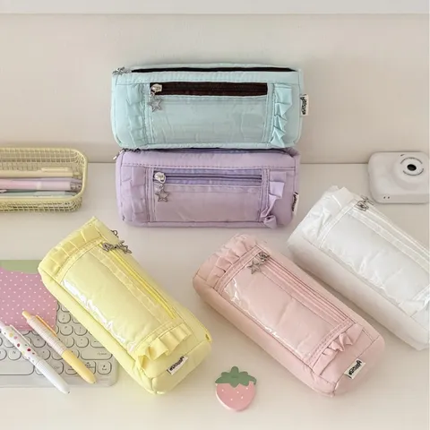 Minimalist Ruffle Pencil Case Large Capacity Stationery Pouch Clear Window Cosmetic Storage Bag For School Students