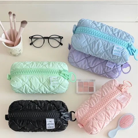 Large Capacity Quilted Leather Pencil Case Large Zipper Cosmetic Makeup Bag Portable Stationery Organizer For Students Women
