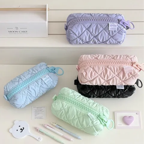 Large Capacity Quilted Leather Pencil Case Large Zipper Cosmetic Makeup Bag Portable Stationery Organizer For Students Women