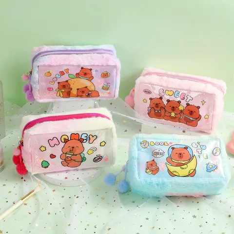 Cartoon Bear Plush Pencil Case Large Capacity Quicksand PVC Stationery Storage Pouch Bag With Pom-Pom Pendant For Kids Students
