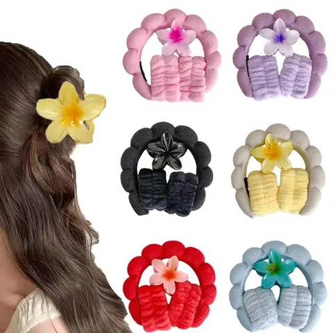 Juego de Diadema de Esponja de Franela Pinza de Pelo y Muñequeras Tela de Burbujas Cinta de Pelo de Nube Flor de Plumeria para Mujeres Lavado de Cara Spa Maquillaje