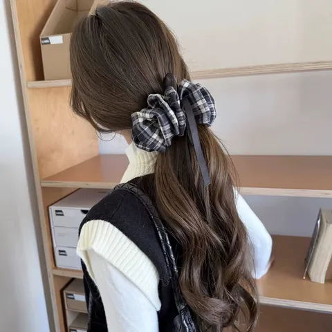 Pince Banane Rétro Coréenne à Carreaux avec Nœud et Ruban en Tissu Cloud Hair Claw pour Femme Style Académie Pince Verticale Queue de Cheval Accessoires Cheveux