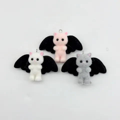 Cute Flocked Resin 3D Cartoon Cat Figure Charm With Bat Wings For DIY Keychain Bag Phone Pendant Crafts Jewelry Making