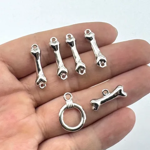 Zinklegierung Hund Knochen Anhänger Und Runde Verbinder DIY Schmuck Basteln Fundstücke Silber Metall Charms Für Armbänder Halsketten