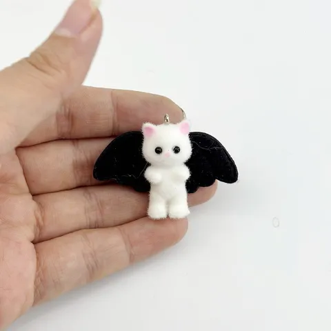 Cute Flocked Resin 3D Cartoon Cat Figure Charm With Bat Wings For DIY Keychain Bag Phone Pendant Crafts Jewelry Making
