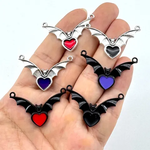 Goth Bat Wings Heart Charm Zinc Alloy Pendant For Necklace Earring DIY Jewelry Making Accessories Halloween Dark Style Decorative Pendant