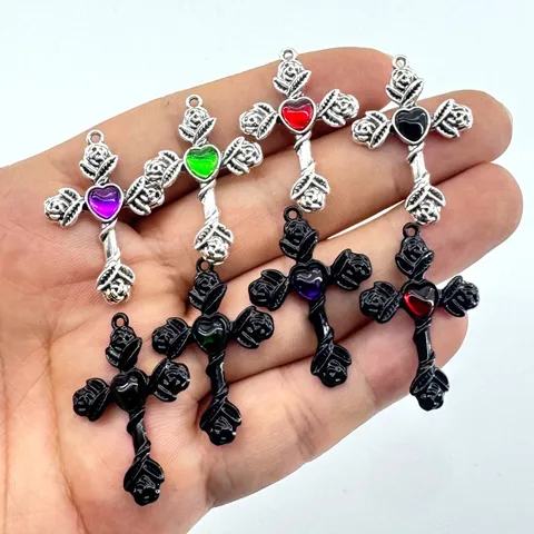 Retro Gotik Dornen Rose Kreuz Anhänger Zinklegierung Strass Herz Charm Für DIY Halskette Schmuckherstellung Zubehör