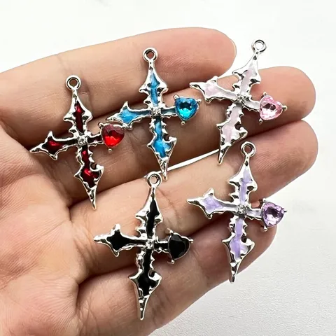 Gothic Zinklegierung Kreuz Herz Anhänger Emaille Öltropfen Strass Handwerk Komponente DIY Halskette Ohrring Herstellung Material Schmuckzubehör