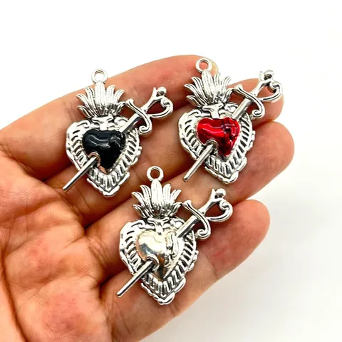 Vintage Zinc Alloy Sacred Heart Pendant Arrow Through Heart Dagger Charm Electroplated Religious Gothic Hip Hop Style DIY Jewelry Making Craft Accessory Charm Only