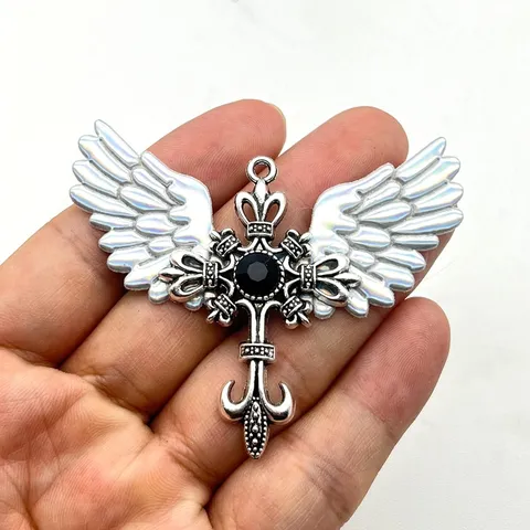 Gothic Cross Angel Wings Pendant Necklace Alloy Rhinestone Dark Punk Nun Dress Up Accessory Charm Only Without Chain