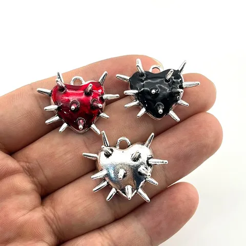 Pendentif Cœur d'Épines Gothique Punk en Alliage de Zinc Émaillé pour Création de Bijoux DIY Style Sombre Rouge Noir Argent Accessoires