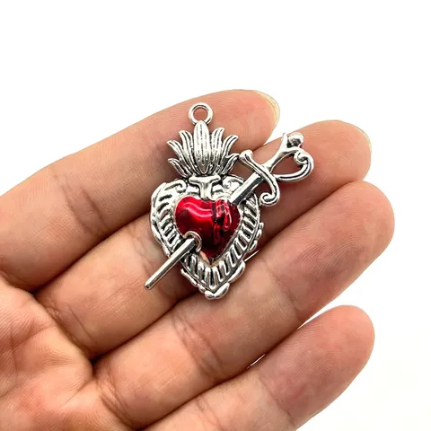 Vintage Zinc Alloy Sacred Heart Pendant Arrow Through Heart Dagger Charm Electroplated Religious Gothic Hip Hop Style DIY Jewelry Making Craft Accessory Charm Only