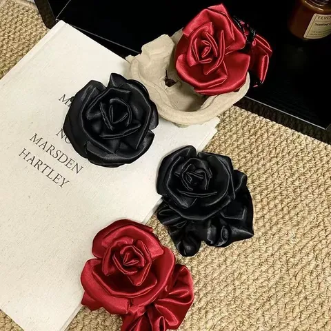 French Vintage Satin Rose Flower Scrunchie Elegant Fabric Hair Tie 3D Floral Headpiece Wrist Accessory For Women Fashion Accessories
