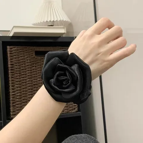 French Vintage Satin Rose Flower Scrunchie Elegant Fabric Hair Tie 3D Floral Headpiece Wrist Accessory For Women Fashion Accessories