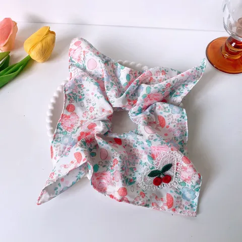 Sweet Pink Floral Scrunchie With Cherry Embroidery Ribbon Bow Elegant Fabric Hair Ties Ponytail Holder For Women Daily Decor