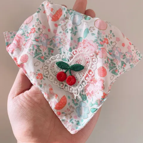 Sweet Pink Floral Scrunchie With Cherry Embroidery Ribbon Bow Elegant Fabric Hair Ties Ponytail Holder For Women Daily Decor