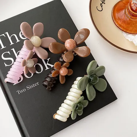 Retro Flower Telephone Cord Hair Ties For Women Vintage Floral Hair Rope Elastic Bubble Braid Ponytail Holder Resin Hair Accessories