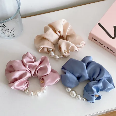 High Elasticity Satin Artificial Pearl Hair Ring For Women Korean Style Durable Rubber Band Hair Ties Aesthetic Scrunchy