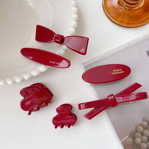 Vintage Wine Red Bow Hair Clip Sweet Elegant Acetate Duckbill Clip Handmade Heart Wave Shape Hairpin Hair Claw Accessory For Women