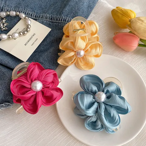 Elegante Stoff Blume Künstliche Perle Haarklammer Für Damen Medium Hai Kiefer Clip Süße Florale Haarschmuck Tägliche Kopfschmuck
