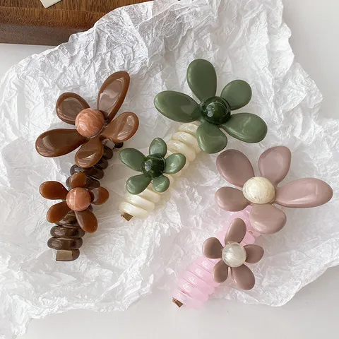 Retro Flower Telephone Cord Hair Ties For Women Vintage Floral Hair Rope Elastic Bubble Braid Ponytail Holder Resin Hair Accessories