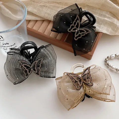 Pinza de Pelo Elegante Lazo de Malla Diamante de Imitación Mariposa Horquilla de Moda Accesorios de Peinado para Mujer