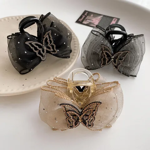 Pinza de Pelo Elegante Lazo de Malla Diamante de Imitación Mariposa Horquilla de Moda Accesorios de Peinado para Mujer