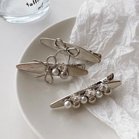 Brushed Silver Metal Bowknot Hair Clip Korean Style Rhinestone Artificial Pearl Duckbill Clip Sweet Cool Girl Hair Accessories