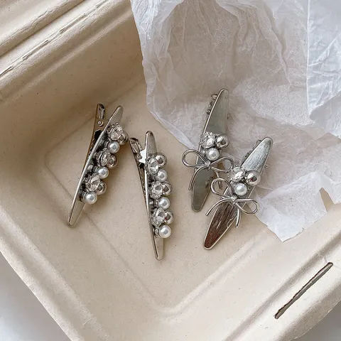 Brushed Silver Metal Bowknot Hair Clip Korean Style Rhinestone Artificial Pearl Duckbill Clip Sweet Cool Girl Hair Accessories