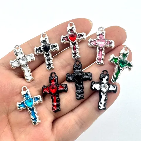 Vintage Zinklegierung Kreuz Herz Strass Anhänger Gotik Punk DIY Schmuckherstellung Charms Retro Emaille Kreuz Zubehör