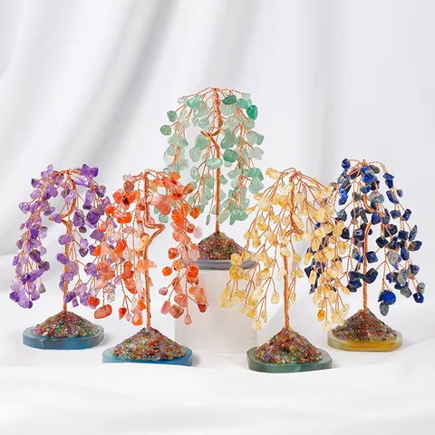 Natural Crystal Money Tree With Agate Slice Base Crushed Stone Weeping Willow Lucky Tree Ornament For Home Office Table Decor