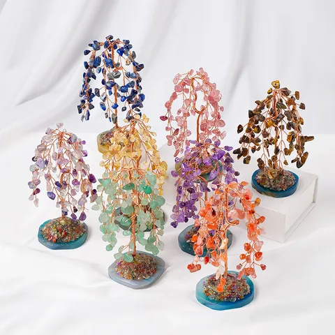 Natural Crystal Money Tree With Agate Slice Base Crushed Stone Weeping Willow Lucky Tree Ornament For Home Office Table Decor