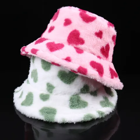 Women's Heart Pattern Plush Bucket Hat Autumn Winter Thickened Warm Faux Rabbit Fur Basin Hat Fashion Korean Fisherman Cap