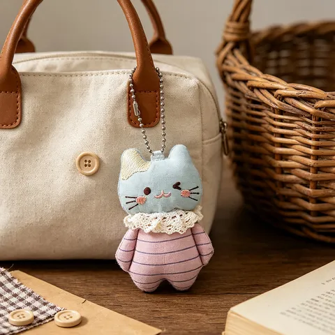 Cute Plush Animal Keychain Stuffed Bear Cat Bag Pendant Handmade Embroidered Lace Key Chain Accessory For Women Girls