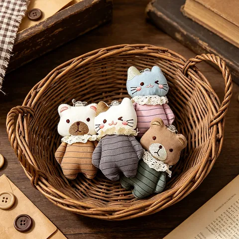 Cute Plush Animal Keychain Stuffed Bear Cat Bag Pendant Handmade Embroidered Lace Key Chain Accessory For Women Girls