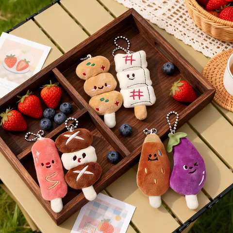 Porte-clés en Peluche Créatif Simulation Brochette de Barbecue Mignon Pendentif Sac Forme d'Aliment Ornement Rembourré Souple Cadeau