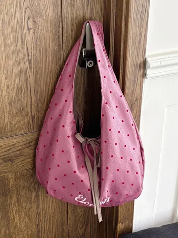 Γυναικεία Casual Υφασμάτινη Τσάντα Tote Πουά Τυπωτή Μεγάλης Χωρητικότητας Τσάντα Ώμου Με Κέντημα Γραμμάτων Κορδόνι Ανοιχτή Τσάντα Αγορών για Μαθητές