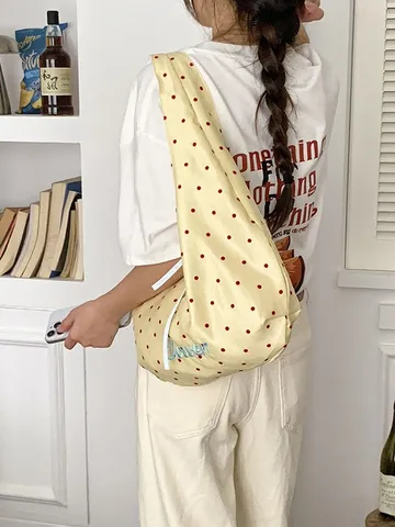 Γυναικεία Casual Υφασμάτινη Τσάντα Tote Πουά Τυπωτή Μεγάλης Χωρητικότητας Τσάντα Ώμου Με Κέντημα Γραμμάτων Κορδόνι Ανοιχτή Τσάντα Αγορών για Μαθητές