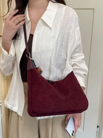 Sac Hobo en Suède Givré Rétro pour Femmes Sac à Bandoulière sous le Bras Avec Poignée à Nœud et Pendentif Optionnel Sac Ravioli