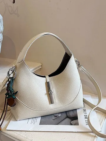 Chic PU Leather Dumpling Crossbody Bag For Women Elegant Solid Color Litchi Pattern Shoulder Bag With Top Handle Everyday Sling Handbag